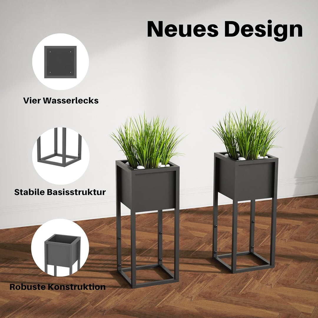 Blumenständer Metall Schwarz 2er Set, mit Gestell, Wohnzimmer & Flur, eckiger Pflanztopfständer(Schw
