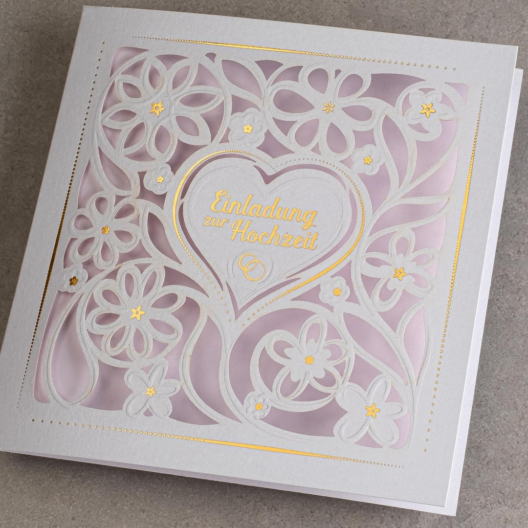 ART NUVO HOCHZEITSEINLADUNGEN - 20 St. 135x135mm, MIT BEDRUCKBAREN EINLAGEN UND UM-SCHLÄGEN FÜR HOCH