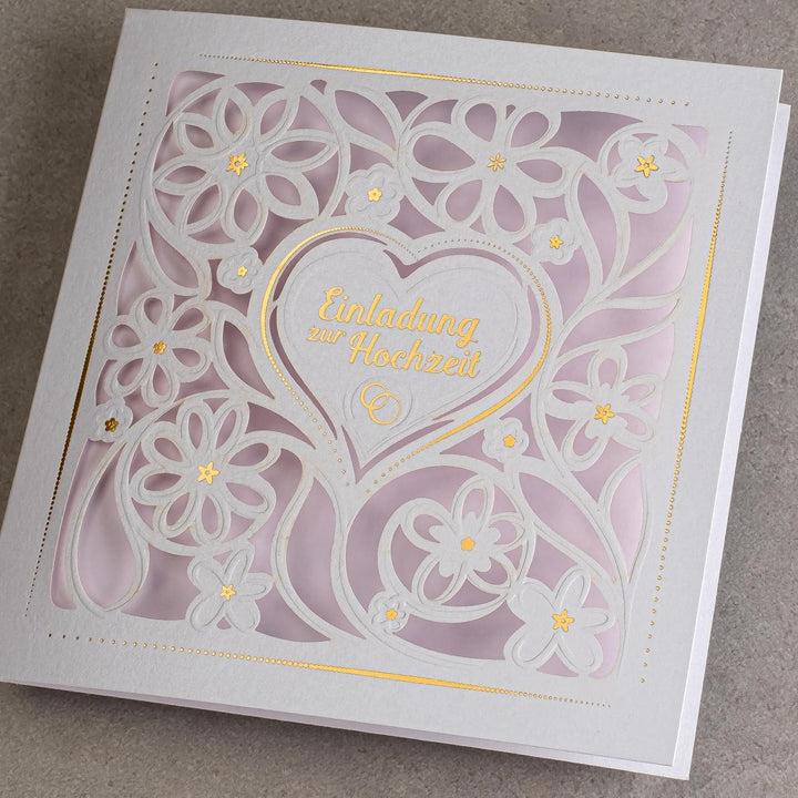 ART NUVO HOCHZEITSEINLADUNGEN - 20 St. 135x135mm, MIT BEDRUCKBAREN EINLAGEN UND UM-SCHLÄGEN FÜR HOCH