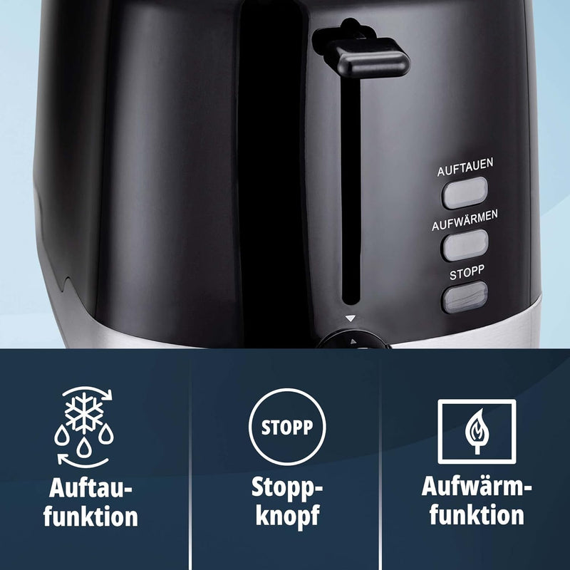 KHG Toaster TO-857 WE2 | Toaster 2 Scheiben Edelstahl Schwarz 850 W | mit Brötchenaufsatz, 7 Bräunun