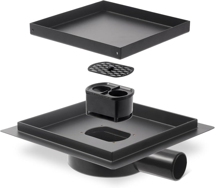 Kasloglow Duschablauf Schwarz Quadratisch 15x15 cm, Edelstahl Bodenablauf, Befliesbar, Siphon mit Ha