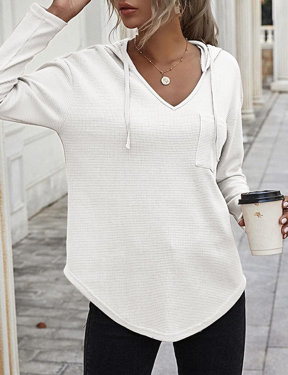 Pullover Damen Hoodie Langarm V Ausschnitt Pullover Sweatshirt Kapuzenpullover Einfarbig Drawstring