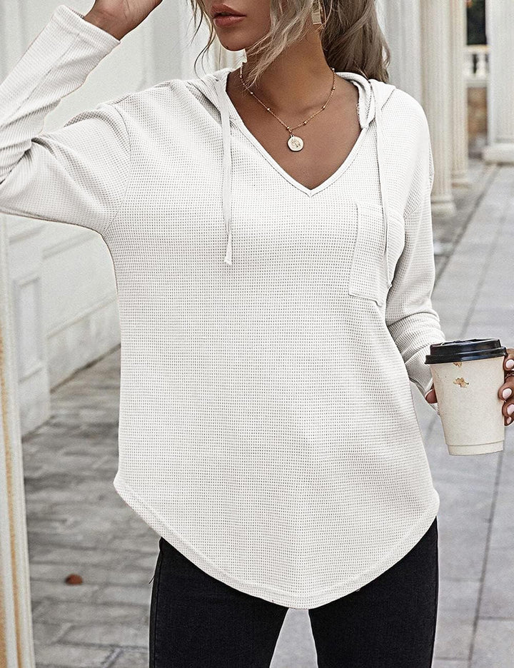 Pullover Damen Hoodie Langarm V Ausschnitt Pullover Sweatshirt Kapuzenpullover Einfarbig Drawstring