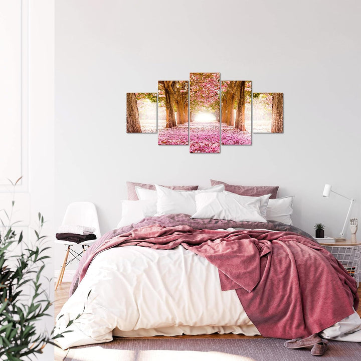 Runa Art Bild Schlafzimmer Wohnzimmer Wald Landschaft 5 Teilig Natur Rosa Wandbilder auf Vlies Leinw