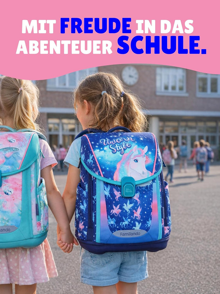 Familando - Premium Schulranzen Set - 6-teilig mit Sporttasche - Unicorn (Einhorn) - Ergonomisch, st