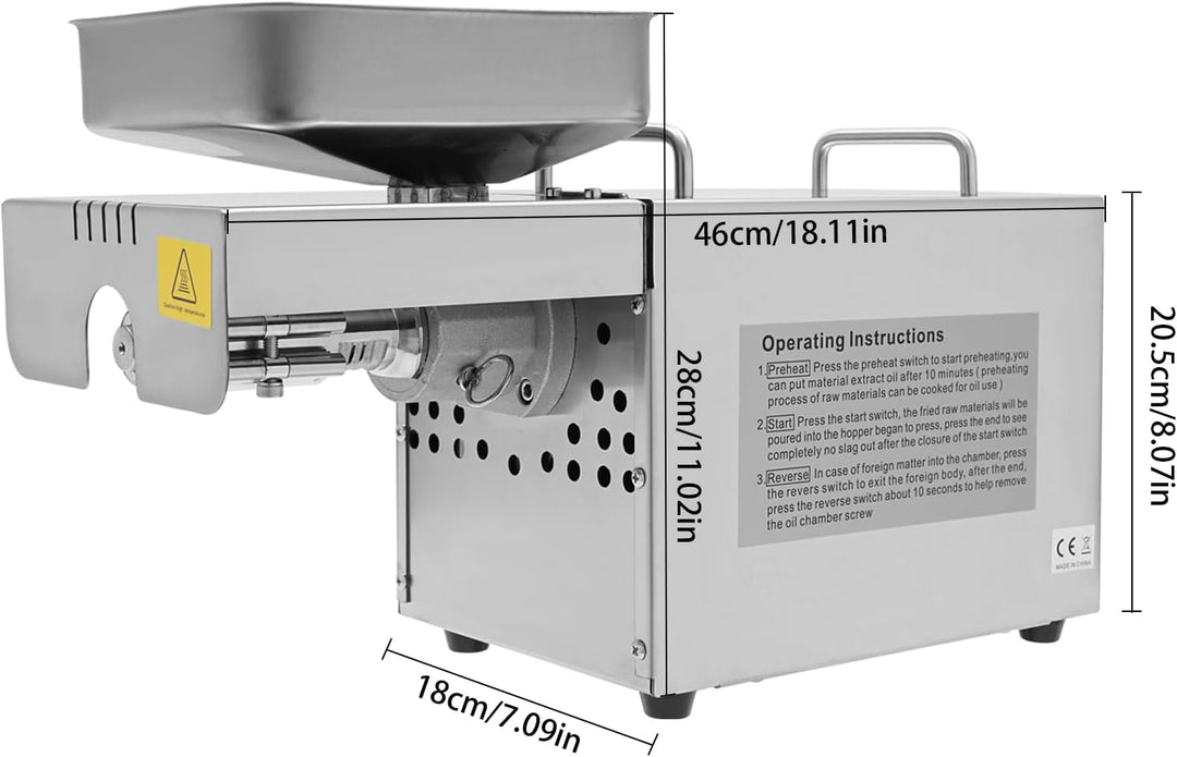 UHDUIG Ölpresse Öl Pressmaschine Elektrische Edelstahl Ölmühle 800W 60rpm 0-250℃ Kalt und Heiss Ölex