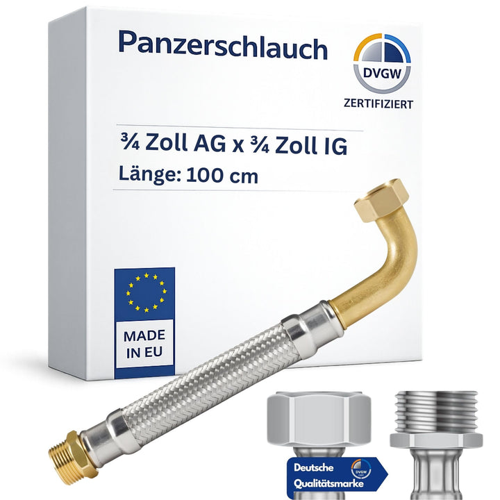 DVGW gep. Panzerschlauch 3/4 Zoll DN20 DN19 Edelstahl Flexschlauch Wasseranschluss Heizung Enthärtun