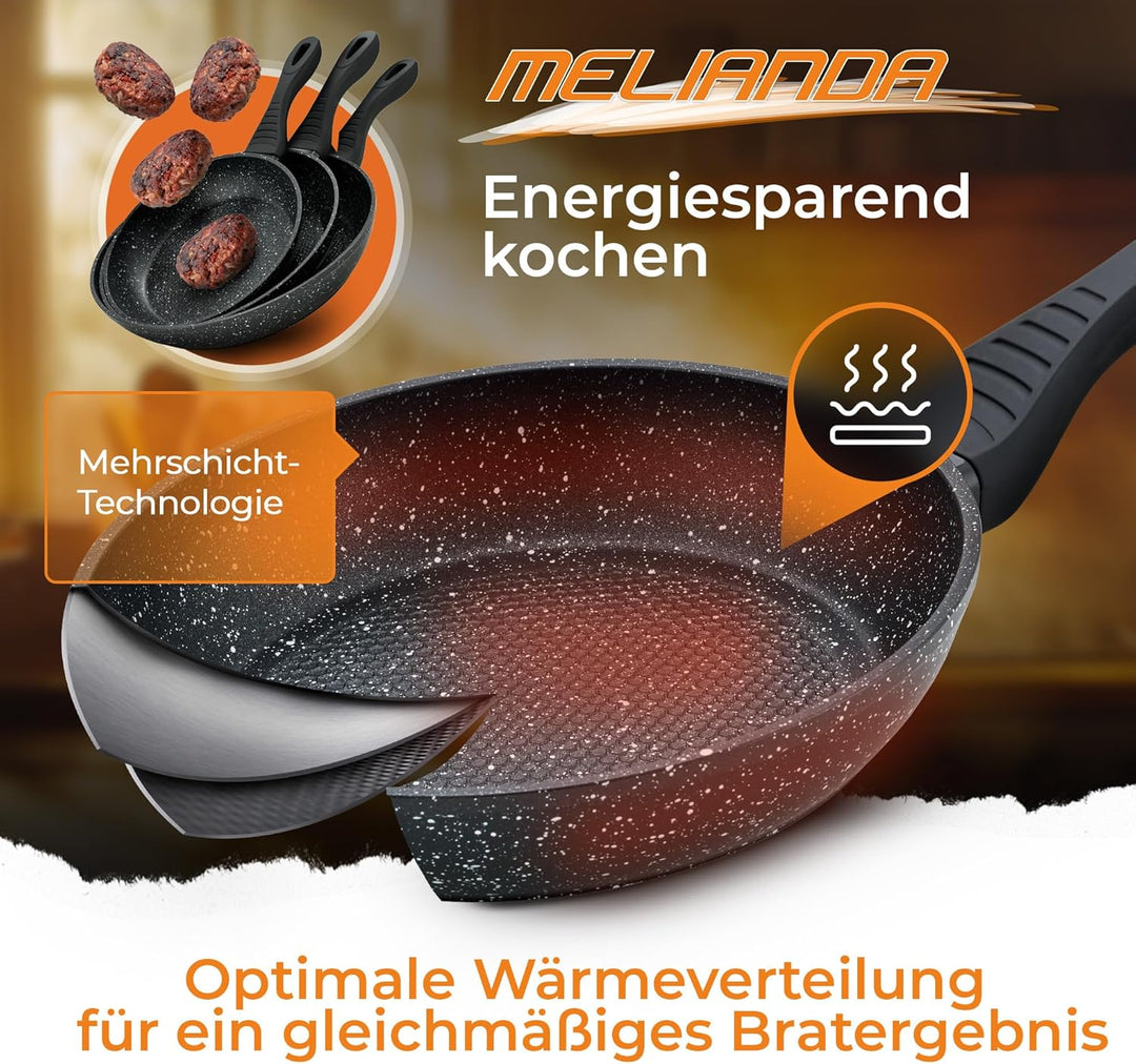 melianda IT-3000 3tlg Pfannenset 20cm - 24cm - 28cm antihaft Marmoroptik Elektro, Glaskeramik, Gas,