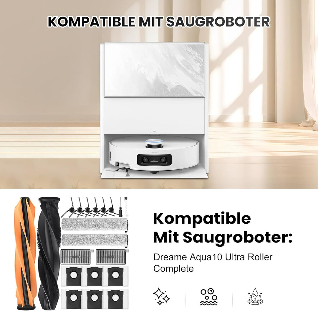 20 Stück Zubehör für Dreame Aqua10 Ultra Saugroboter, 1 Hauptbürste 6 Staubbeutel 2 Rollen-Wischtuch