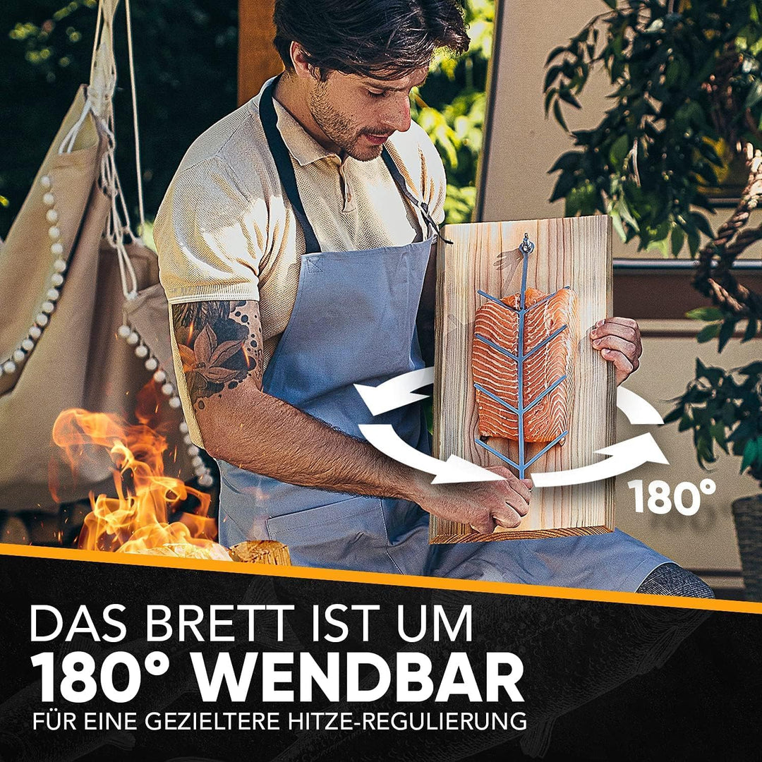 Flammlachsbrett mit Halterung aus Edelstahl (100% Made IN Germany) Lachsbrett aus 100% hochwertiger