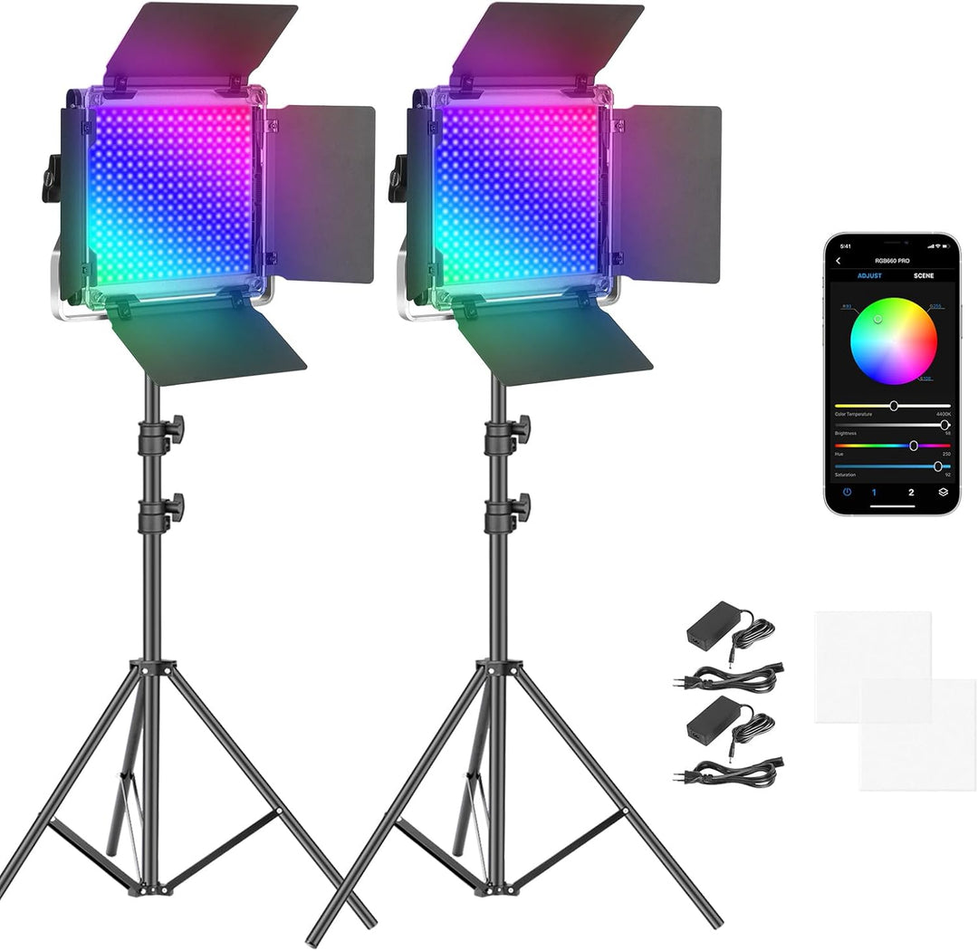 NEEWER 2 x 660 PRO RGB LED Videoleuchte Panel mit Stativ Ständer Set App Steuerung 360° Vollfarbe Vi