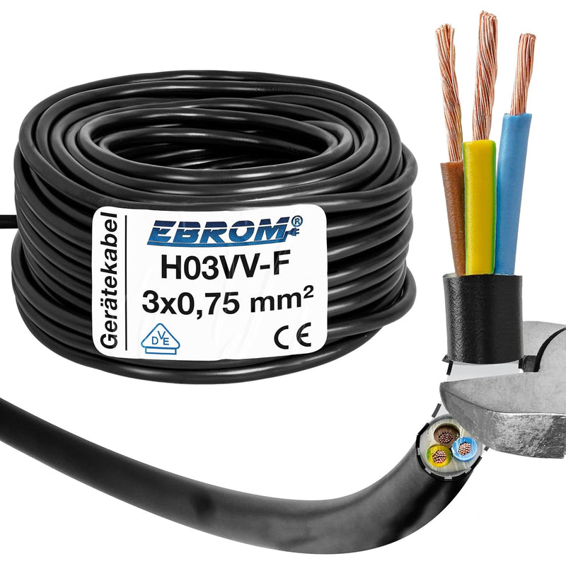 EBROM Kunststoff Schlauchleitung RUND, Kabel, Stromkabel, Leitung, Gerätekabel H03VV-F 3x0,75 mm² Fa