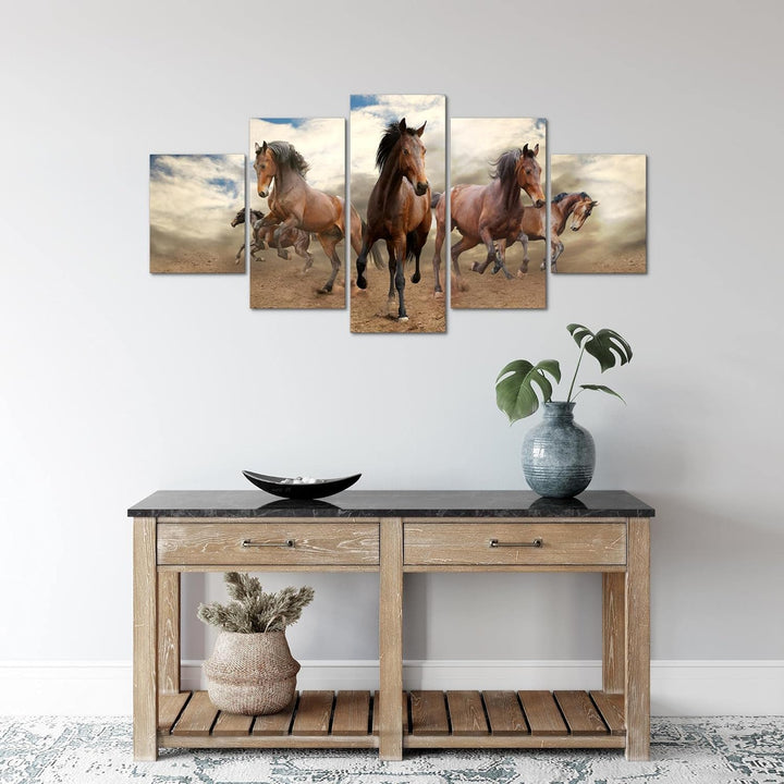 Runa Art Wandbilder Pferde  5 Teilig Bild auf Vlies Leinwand Deko Wohnzimmer Schlafzimmer Tiere Brau