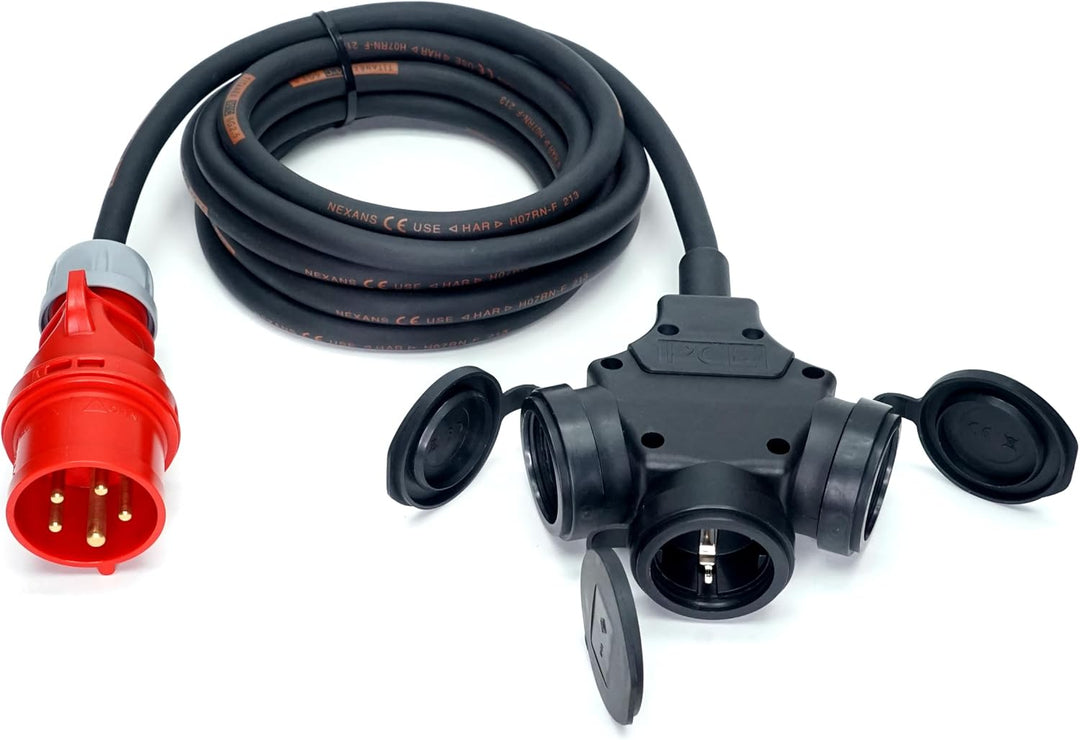 CEE-Stecker auf Schuko-Verteilung 3-Fach (1,5m-50m) 16A Verlängerungskabel Titanex H07RN-F 5x1,5mm²
