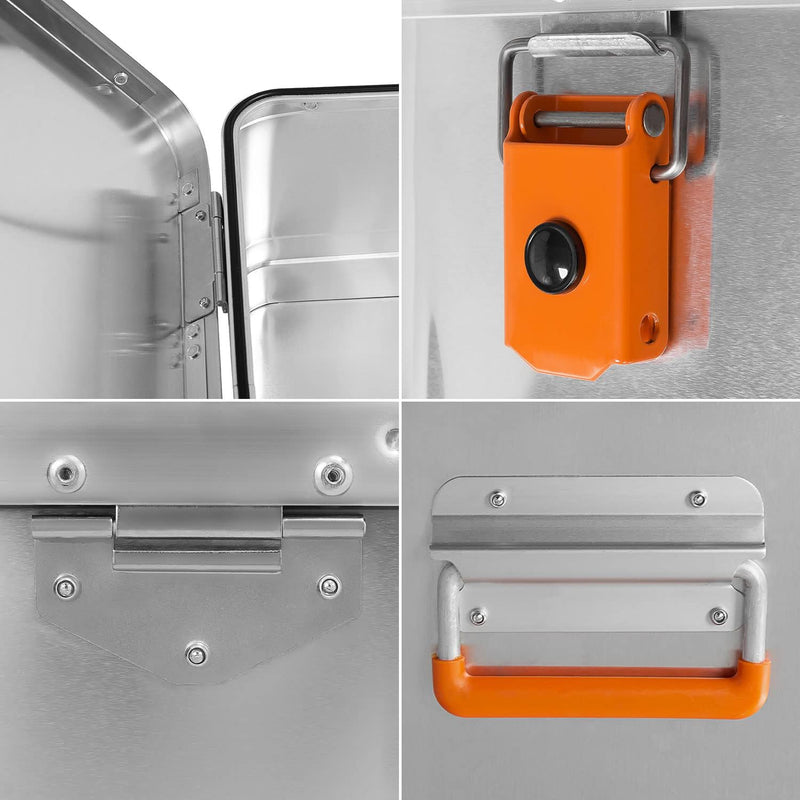 alubox Werkzeugtruhe Werkzeugkoffer 40 L silber Alu glänzend - orange Schnallen - Frontgriff - 040 L