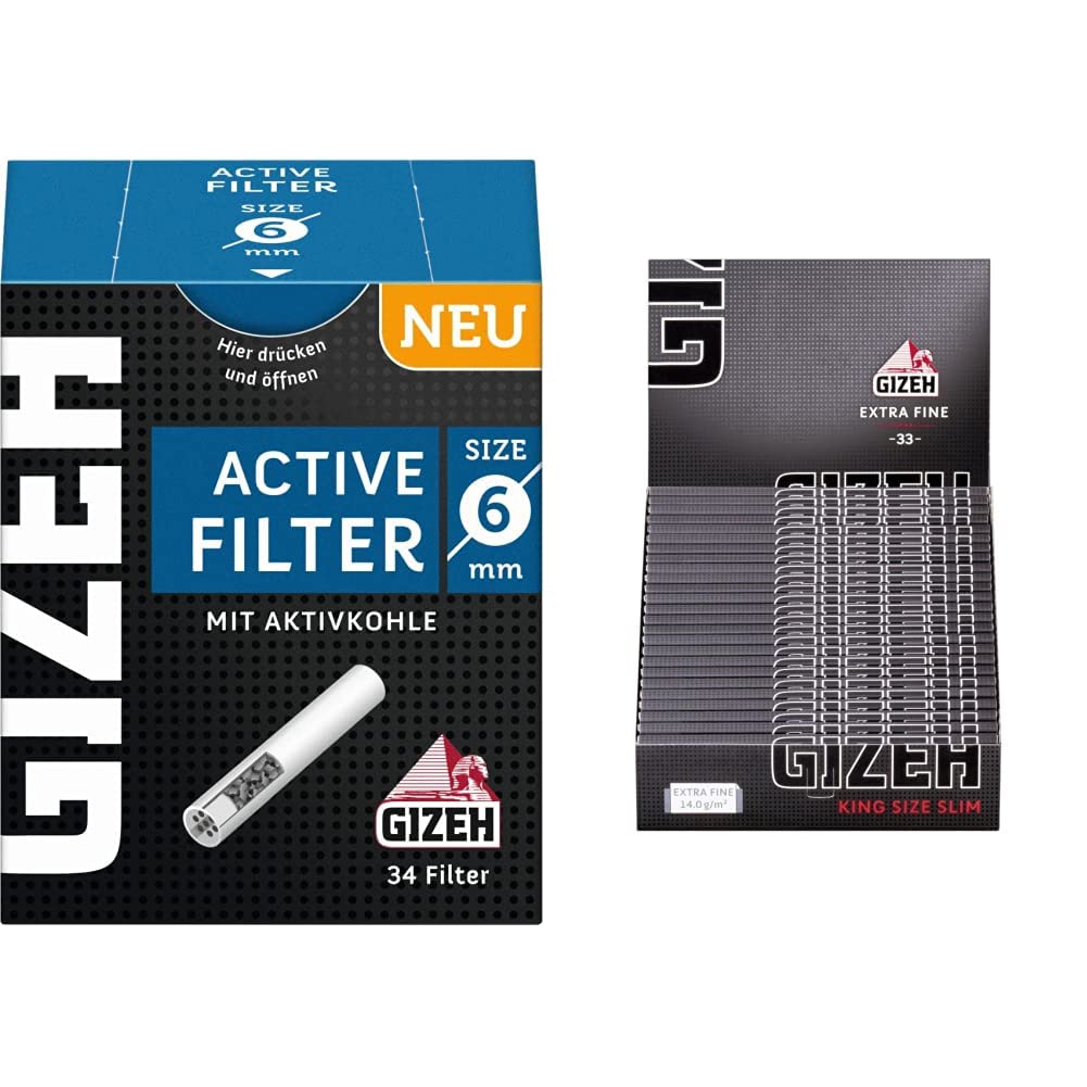 Gizeh Active Tips-Aktivkohlefilter mit Keramikkappen-10 x 34 Filter, Silber, smal & Black Pro 25 Hef