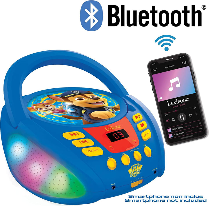 Lexibook, Paw Patrol, Bluetooth-CD-Player für Kinder, tragbar, mehrfarbige Lichteffekte, Mikrofonbuc