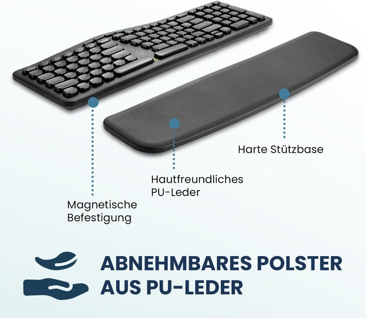 Perixx PERIBOARD-636DE Wireless Ergonomic Compact Keyboard, Leise Tasten, 2.4G Technologie, Abnehmba