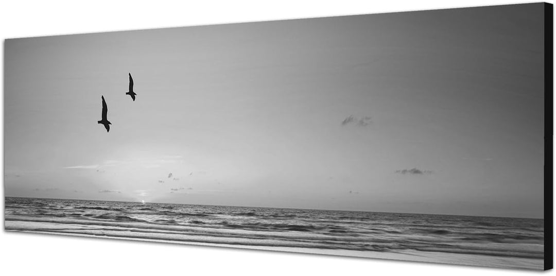 Paul Sinus Art Leinwandfoto als Panorama SCHWARZ/Weiss 150x50cm Strand Meer Sonnenuntergang Möwen