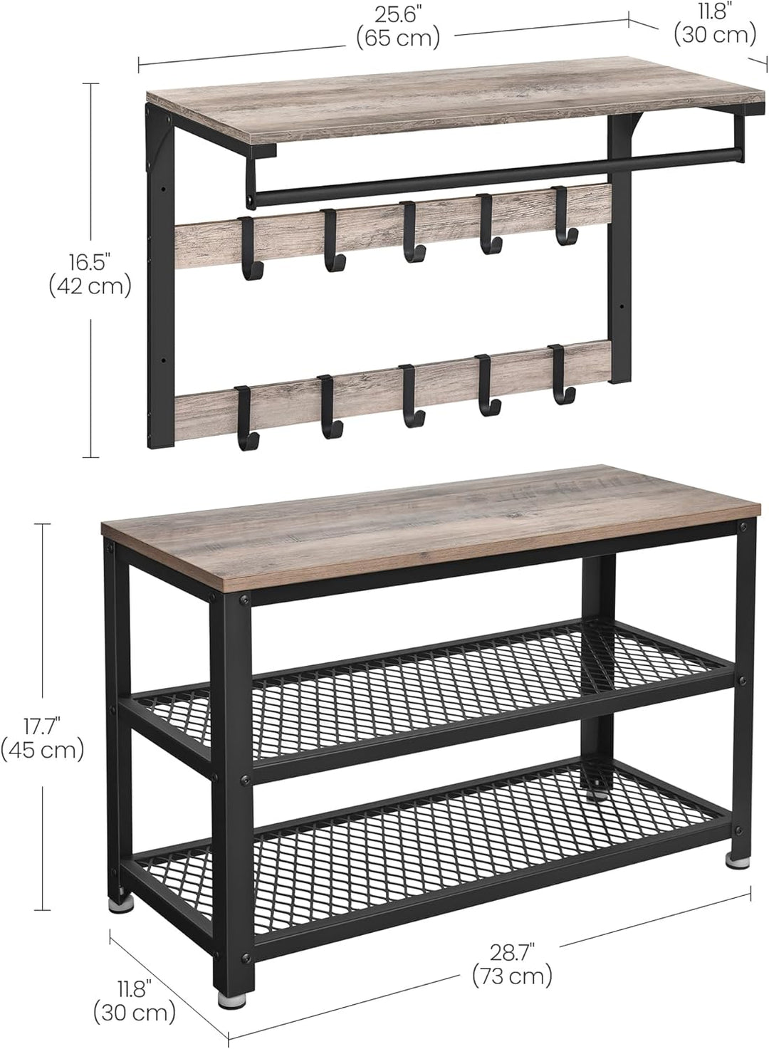 VASAGLE Wandgarderobe, Schuhbank, Wandregal mit Ablage und 10 Haken, Schuhregal mit 3 Ebenen, Aufbew