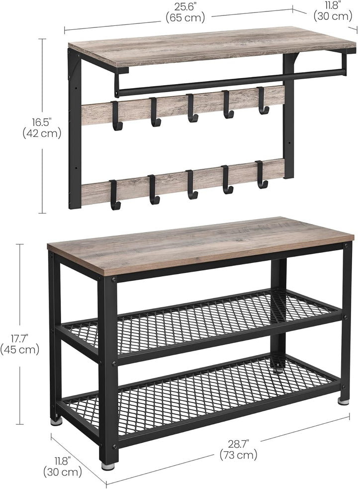 VASAGLE Wandgarderobe, Schuhbank, Wandregal mit Ablage und 10 Haken, Schuhregal mit 3 Ebenen, Aufbew