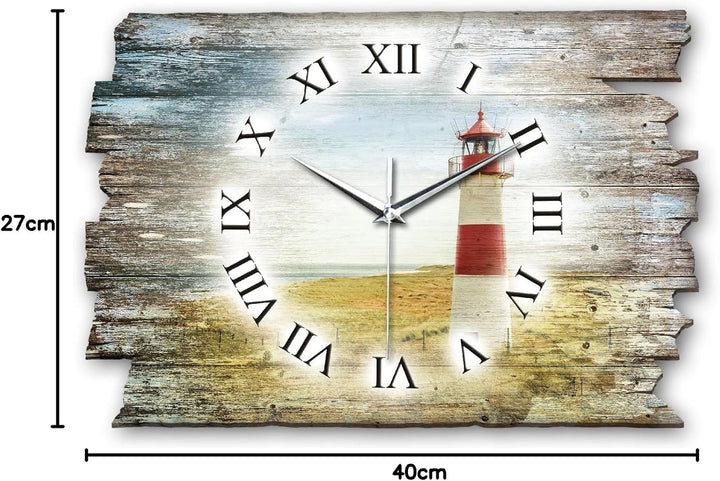 Kreative Feder Leuchtturm Rot Landhaus Shabby Style Designer Wanduhr Funkuhr aus Holz *Made in Germa