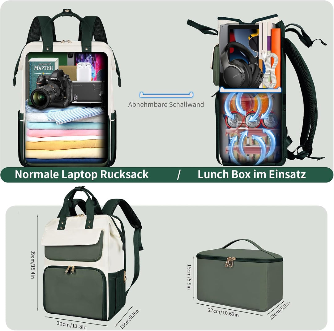 BERTASCHE Lunch Rucksack, Laptop Rucksack Damen 15,6 Zoll mit Isoliertes Kühltasche, 2-in-1-Arbeitsr