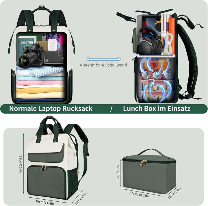 BERTASCHE Lunch Rucksack, Laptop Rucksack Damen 15,6 Zoll mit Isoliertes Kühltasche, 2-in-1-Arbeitsr