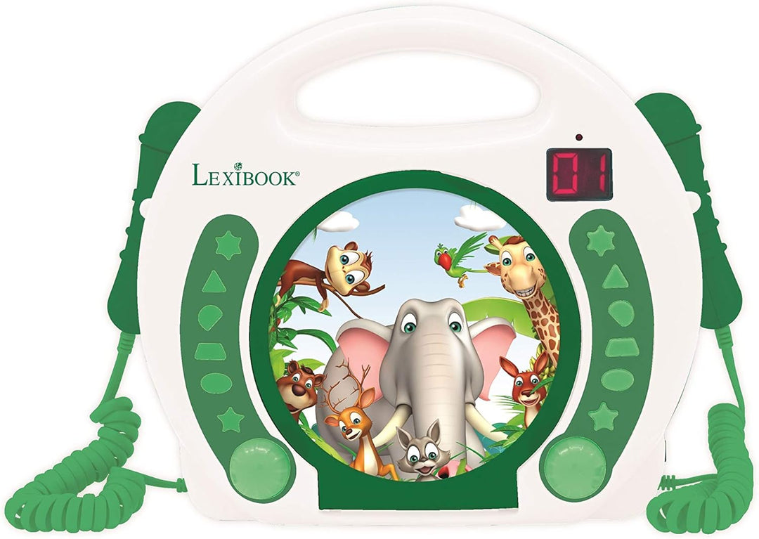 Lexibook - Tragbarer Tier-CD-Player mit Mikrofonen, Griff, Programmierung, Wiederholung, Karaoke, Ds