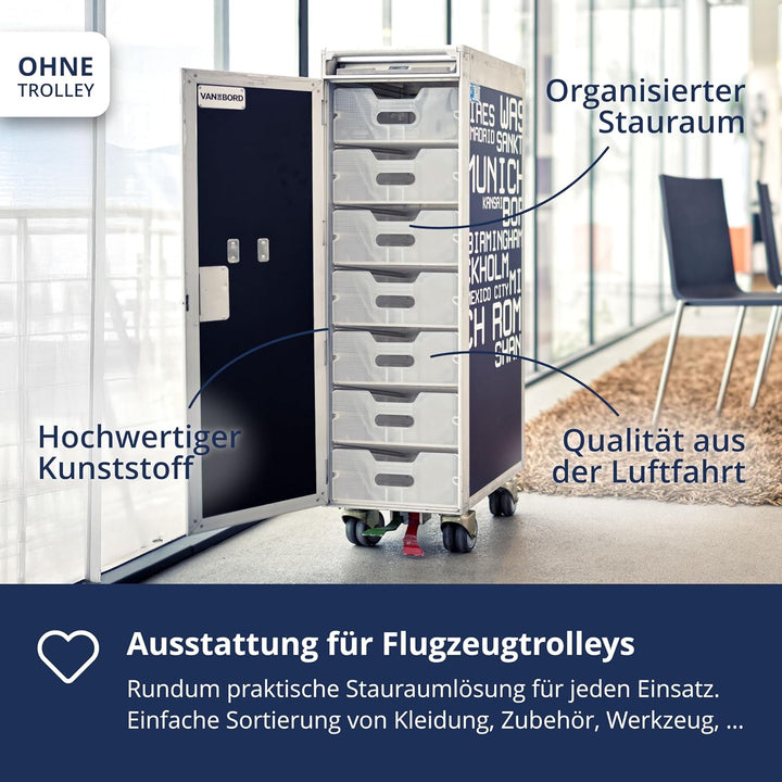 Ausstattungspaket für Flugzeugtrolleys und Airline Trolleys, 7 Einschübe, Kunststoff, Atlas-Norm Kun