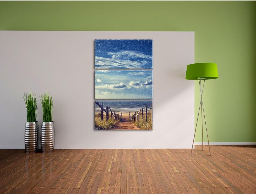 Pixxprint Weg zum Strand am Meer Kunst Buntstift Effekt 3-Teiler Leinwandbild 120x80 Bild auf Leinwa