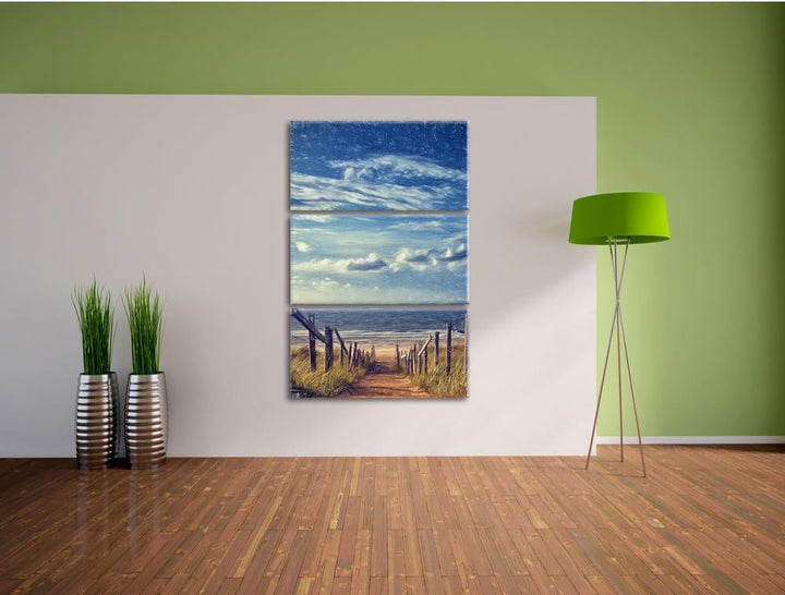Pixxprint Weg zum Strand am Meer Kunst Buntstift Effekt 3-Teiler Leinwandbild 120x80 Bild auf Leinwa