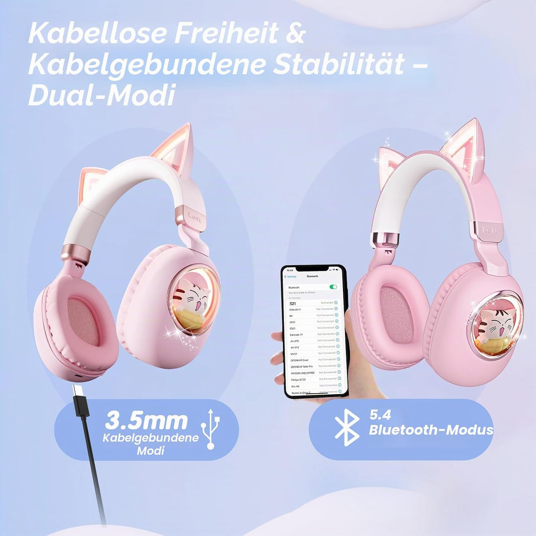 Kinder Kopfhörer mit Katzenohren, Bluetooth 5.4 Over-Ear Noise Cancelling Kopfhörer mit Mikrofon, LE