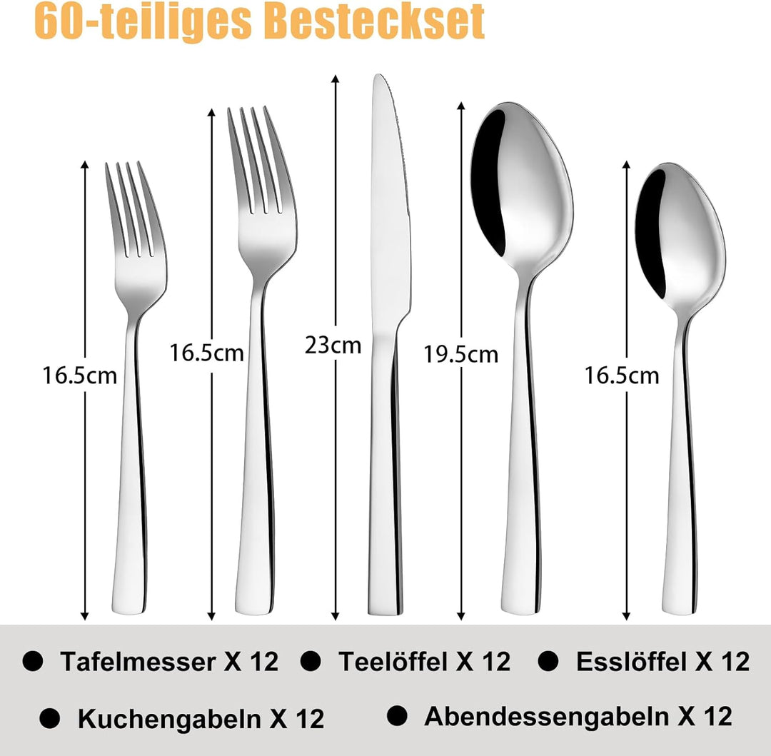 Besteck Set 12 Personen, 60 teilig Edelstahl Besteckset, Essbesteck Set mit Messer Gabel Löffel, Ede