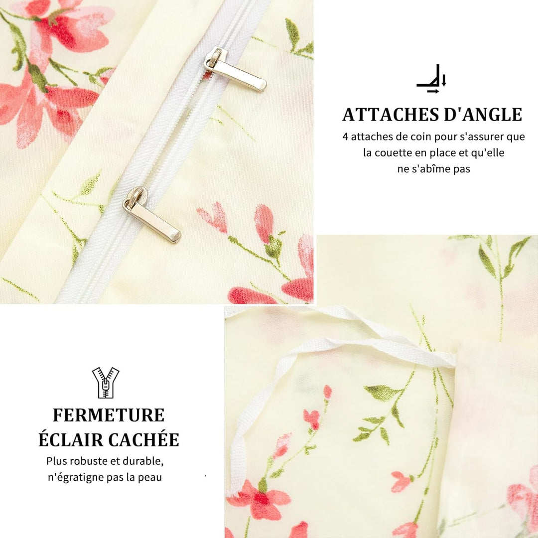 Freyamy Blumen Bettwäsche 135x200cm 2teilig Beige Rosa Blätter Pflanzen Floral Wendbar Bettwaren-Set