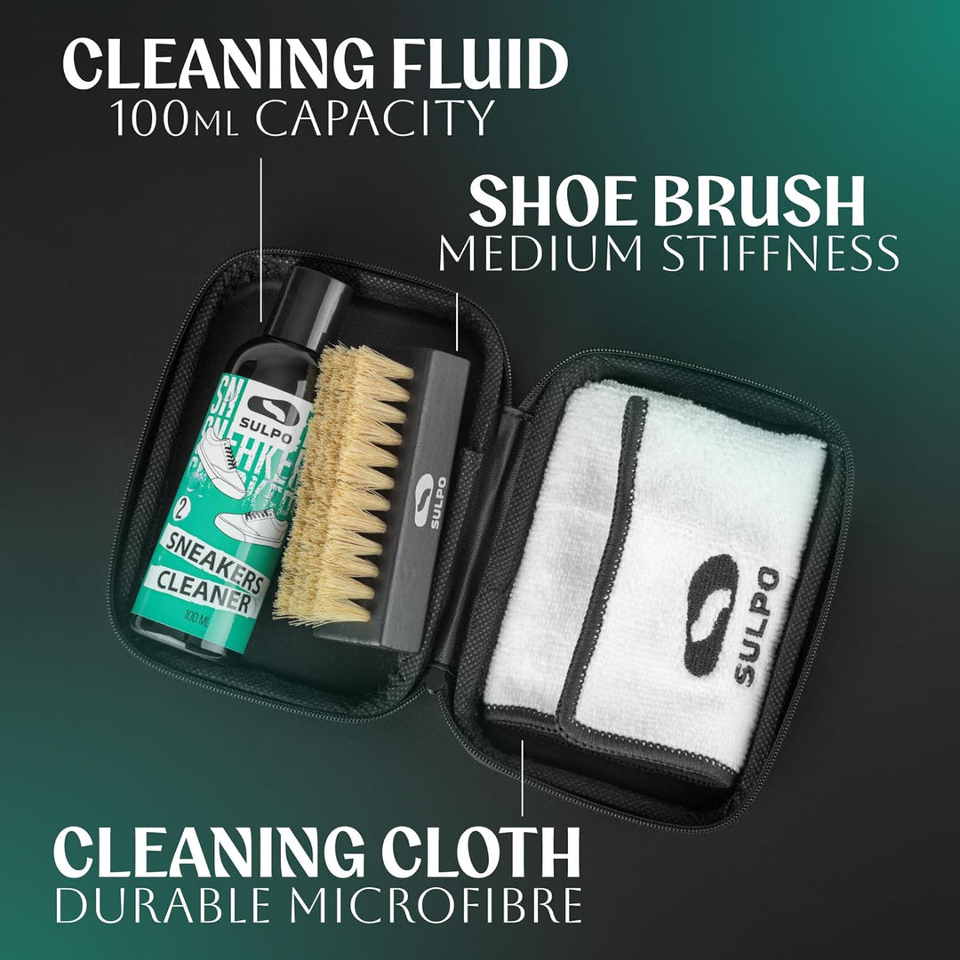 SULPO Sneaker Reinigungsset – pH-Neutrale Schuhputzsets, Bürste & Mikrofasertuch, Schonend für Leder