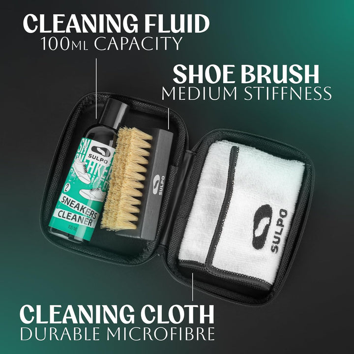 SULPO Sneaker Reinigungsset – pH-Neutrale Schuhputzsets, Bürste & Mikrofasertuch, Schonend für Leder
