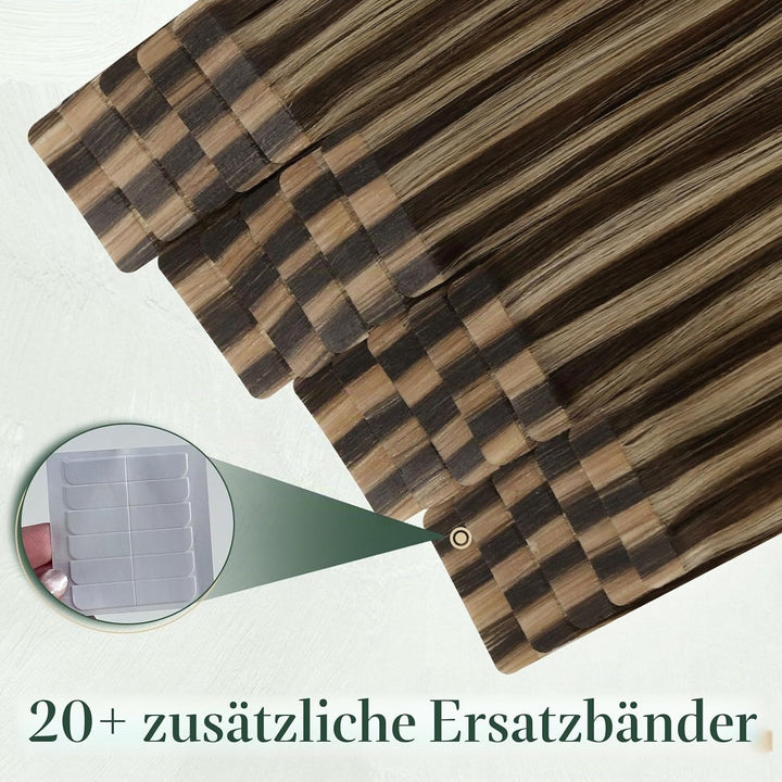 Ugeat 55cm Tape in Extensions Echthaar Gesträhnt Dunkelbraun mit Karamell P4/27 Extension Echthaar T