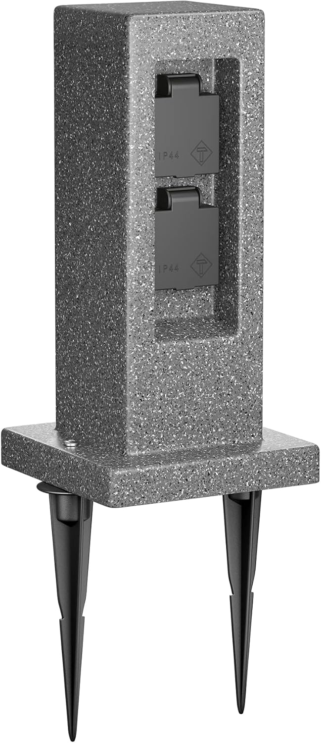 ledscom.de Garten Steckdosensäule Pock mit Erdspiess für aussen, IP44, 2-Fach, anthrazit (Stein-Opti