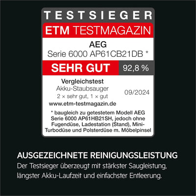 AEG 6000 Akku-Staubsauger / 103.000 U/Min / 175.000 dPa / Digitalmotor / Kabellos / bis zu 99 % Stau