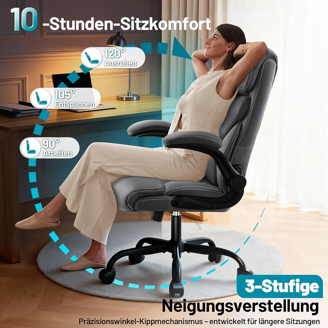 Chefsessel aus PU-Kunstleder, Bürostuhl Ergonomisch mit Verstellbaren Armlehnen und Hoher Rückenlehn