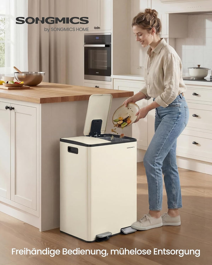 SONGMICS Mülleimer Küche, 2 x 30 Liter, 2 Fächer, Abfalleimer, Tretmülleimer, Küchenmülleimer mit So