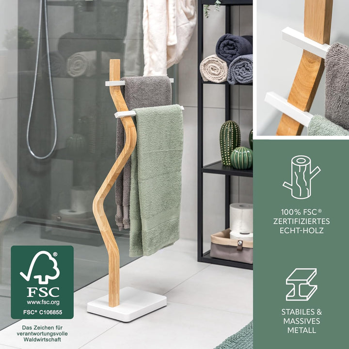 eluno Stand-Handtuchhalter freistehend, 2 Stangen für Handtücher, moderner Handtuchständer aus FSC-z