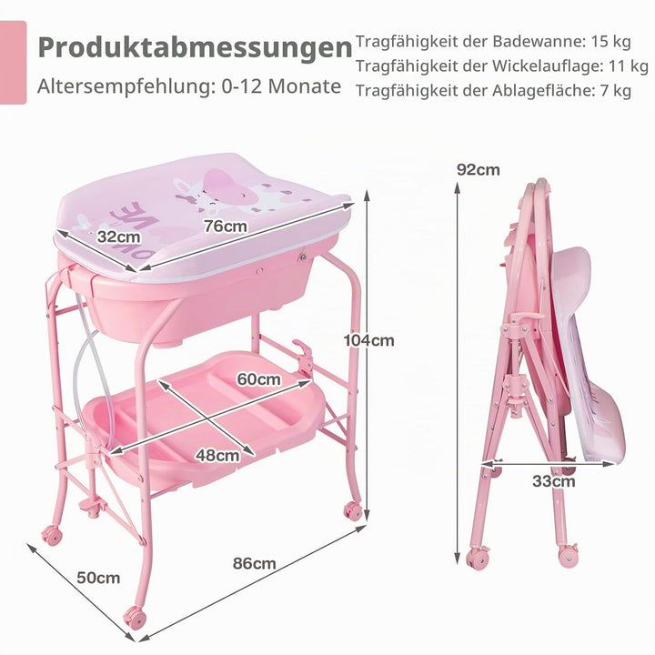 LIFEZEAL Wickeltisch mit Badewanne, 2 in 1 Flatbare Bade-Wickelkombination auf Räder, Badewannenaufs