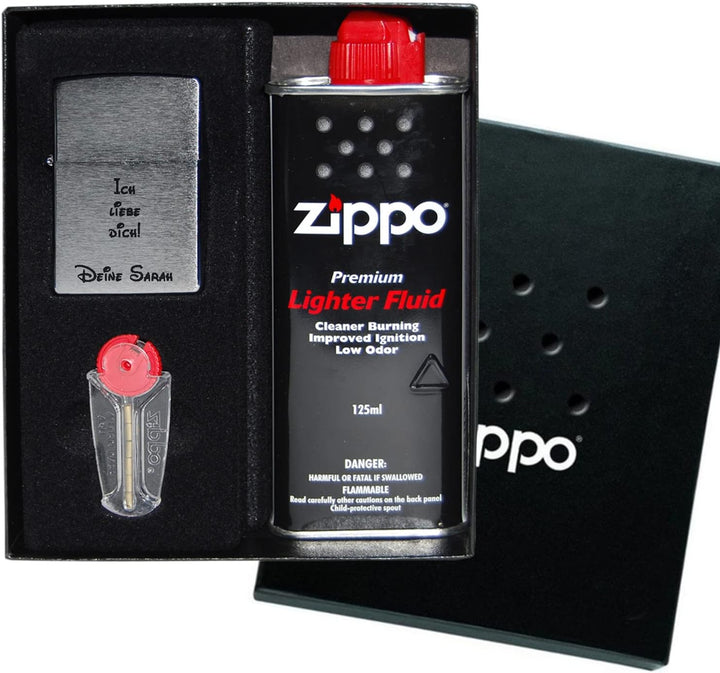 Zippo Benzinfeuerzeug mit Gravur Wunschtext Chrome Brushed Wunschgravur personalisiert Name Personal
