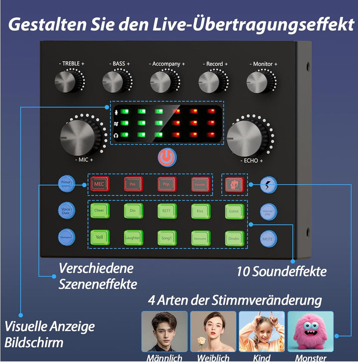 Podcast-Ausrüstungspaket für 2, Audio-Interface mit Sprachumschalter-Kondensatormikrofone für Gamer,