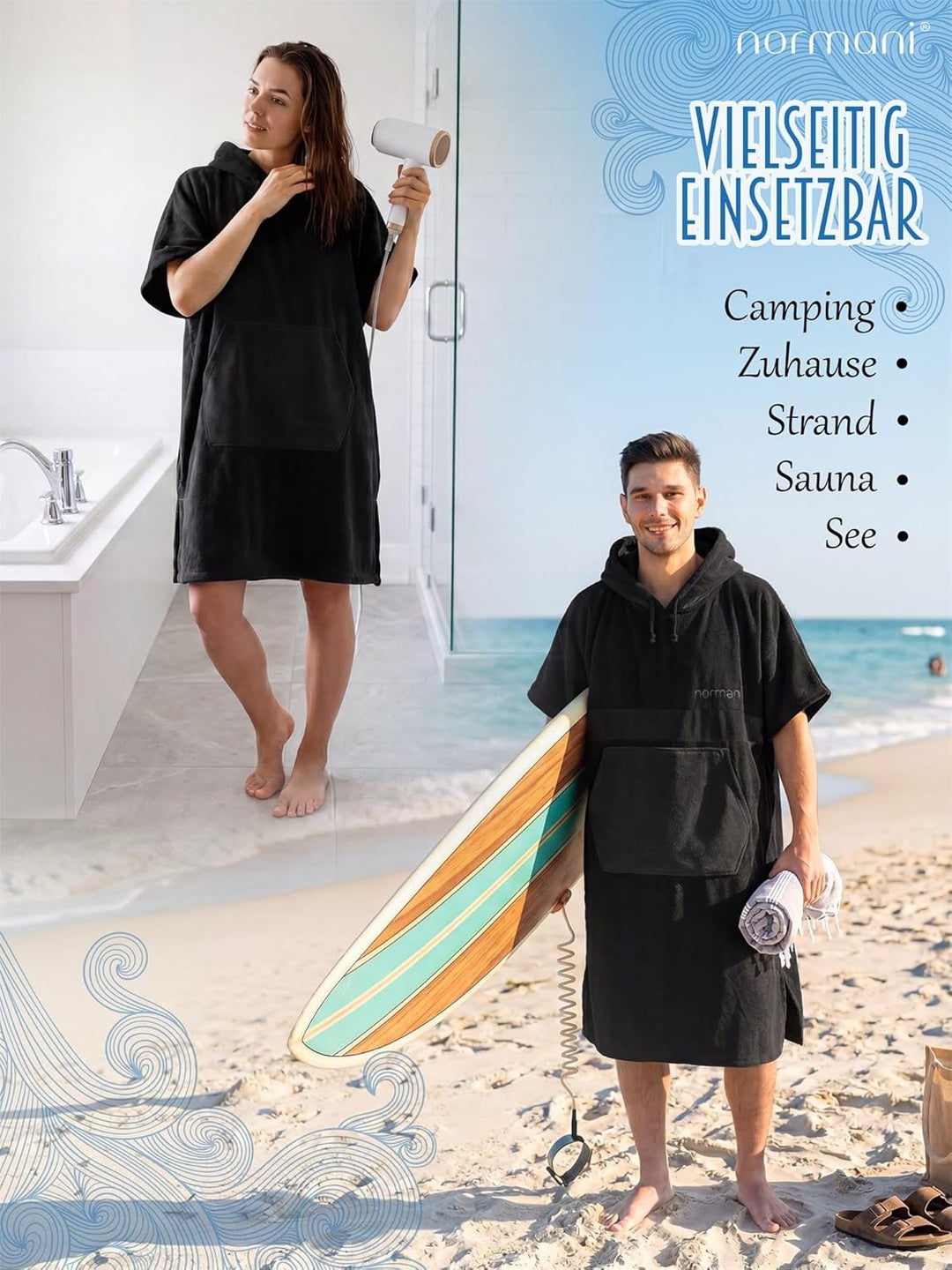 normani Baumwoll Surfer Poncho - Strandponcho - Handtuch-Poncho - Unisex Strand Umziehhilfe - geschl