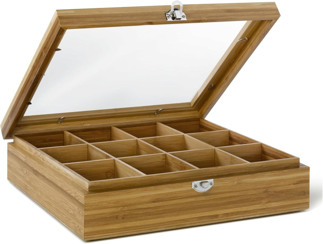 Bredemeijer grosse helle Holz Teebeutel-Kiste mit 12 Fächer und Sichtfenster 28 cm lang Wooden Tea B