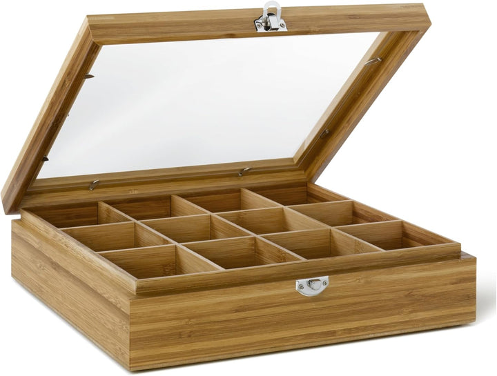 Bredemeijer grosse helle Holz Teebeutel-Kiste mit 12 Fächer und Sichtfenster 28 cm lang Wooden Tea B