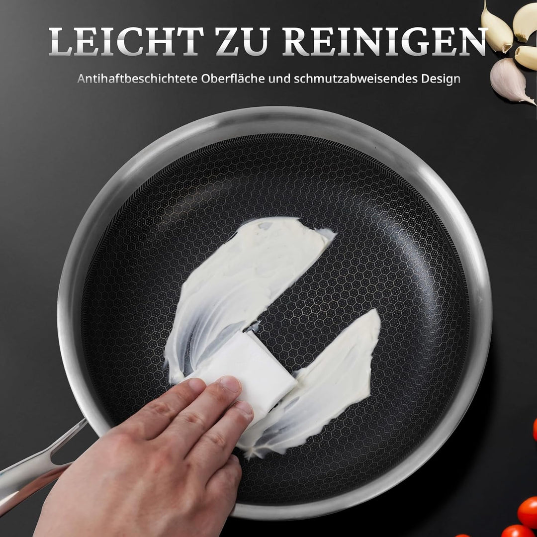KOKHUB 28 cm Bratpfanne mit Deckel Induktion, Tri-Ply Edelstahl Hybrid Wabenstruktur Antihaft Pfanne